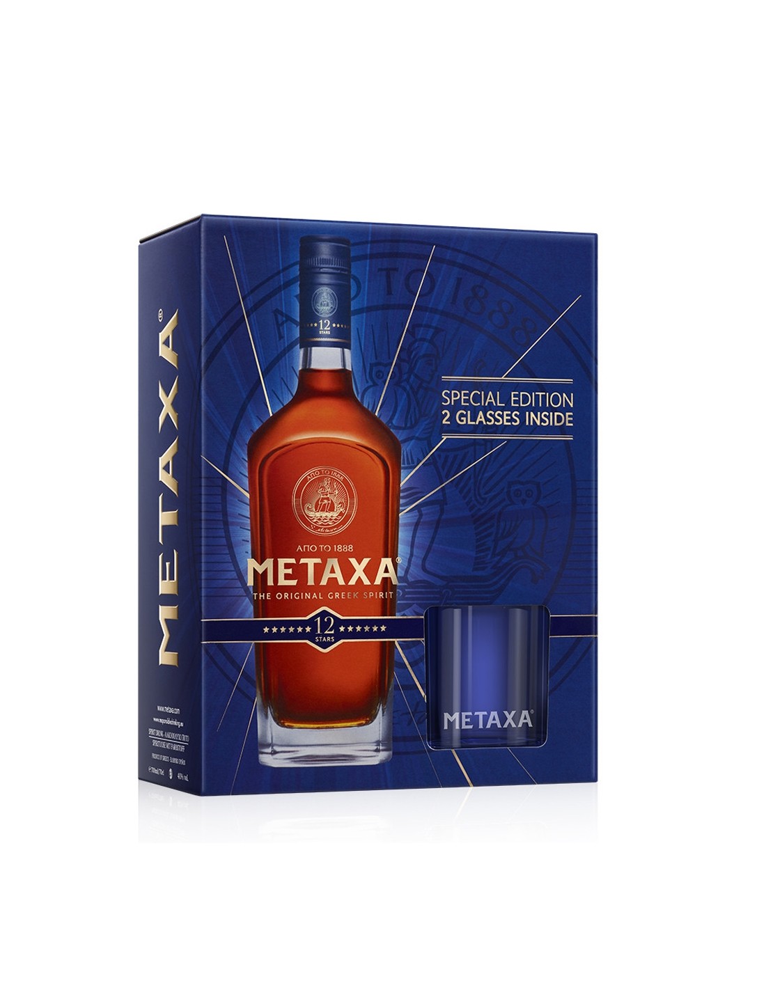 Coniac Brandy Metaxa + 2 pahare, 40% alc., 0.7L, 12 ani, Grecia
