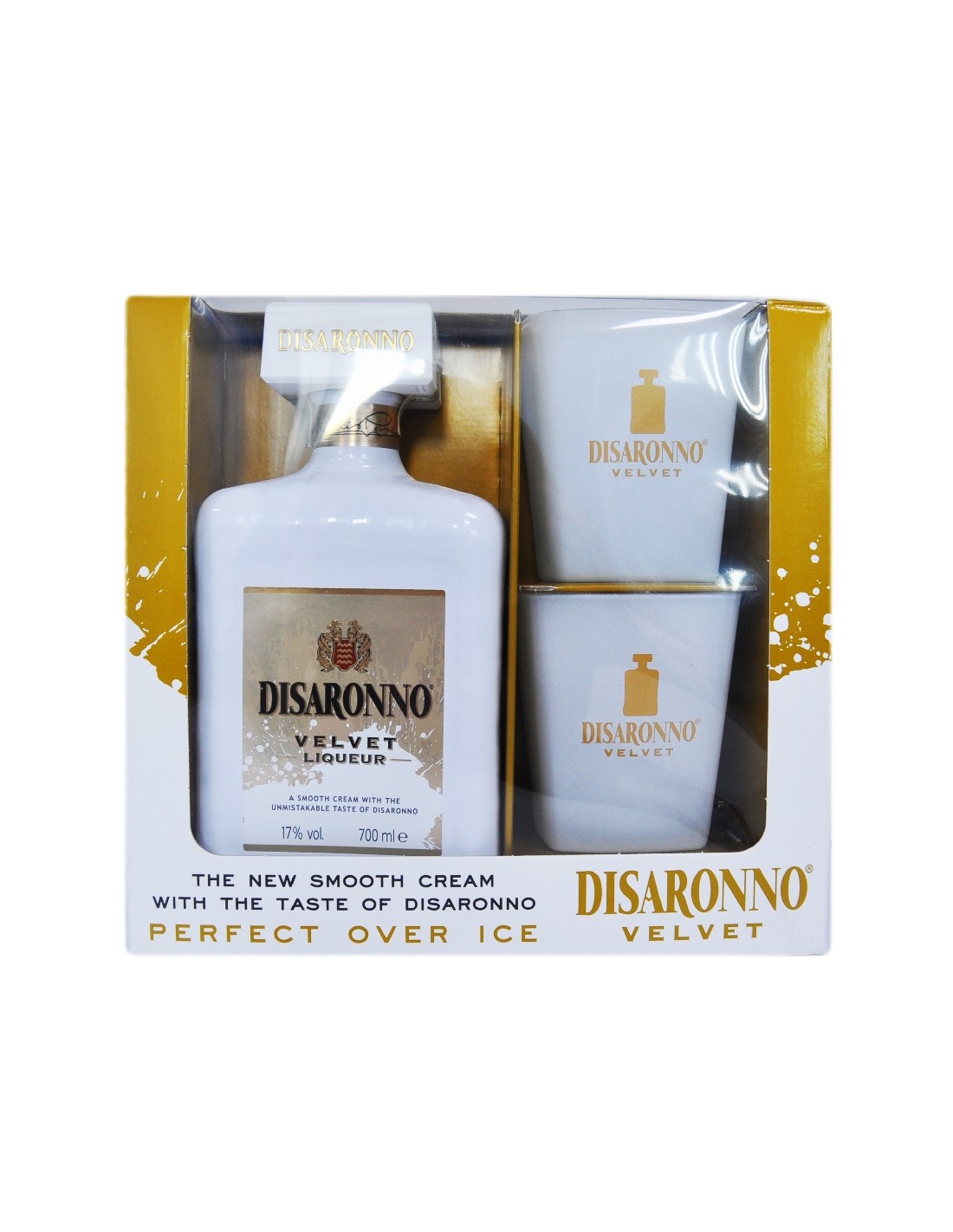 Pachet cadou lichior crema Disaronno Velvet + 2 pahare, 17% alc., 0.7L, Italia