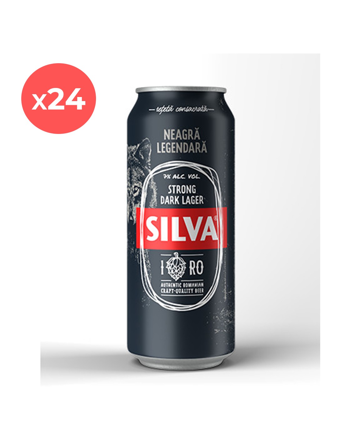 Bax 24 bucati bere neagra, Lager, Silva, 7% alc., 0.5L, doza, Romania