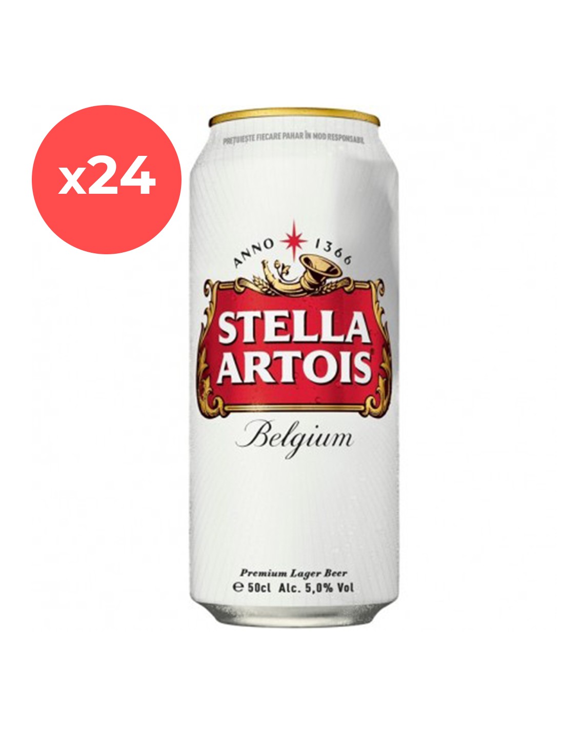 Bax 24 bucati bere blonda Stella Artois, 5% alc., 0.5L, doza, Romania alcooldiscount.ro