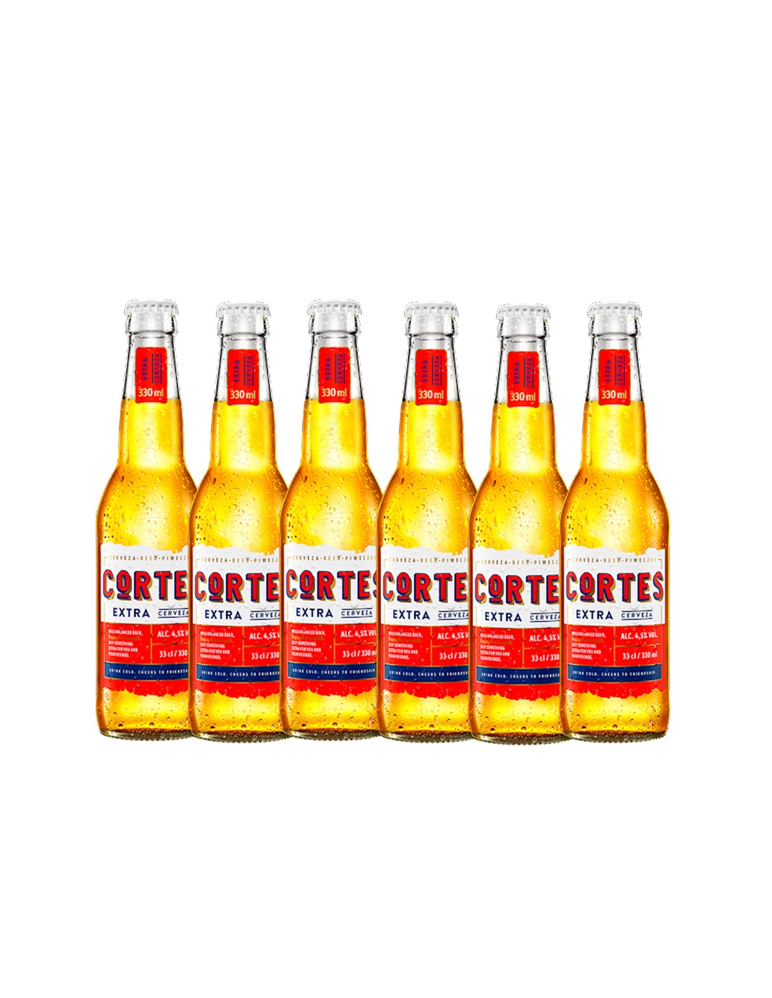 Pachet 6 bucati bere blonda, filtrata Cortes Extra, 4.5% alc., 0.33L, Polonia alcooldiscount.ro