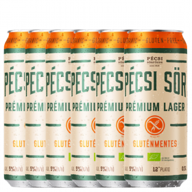 Six pack Pécsi Sör BIO Premium Lager gluten free beer, 5% alc., 0.5L, dose, Hungary
