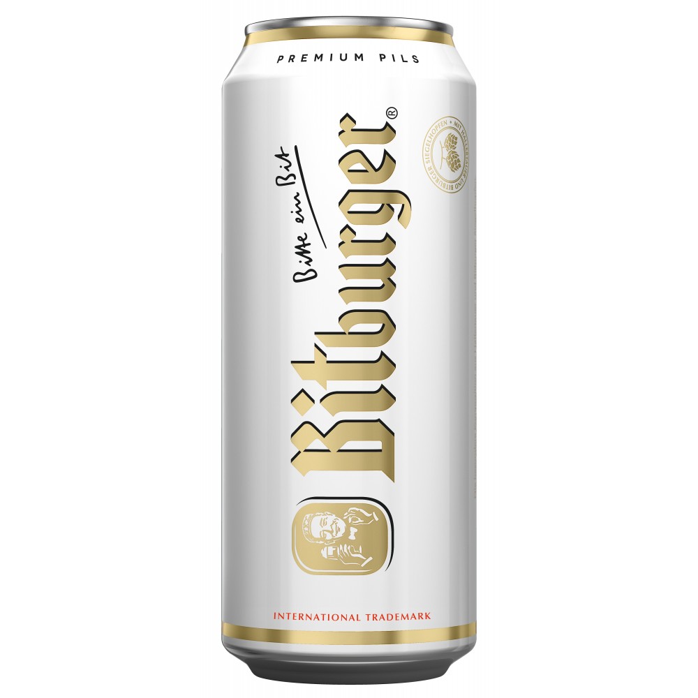 Bere blonda, filtrata Bitburger Premium Pils, 4.8% alc., 0.5L, doza, Germania